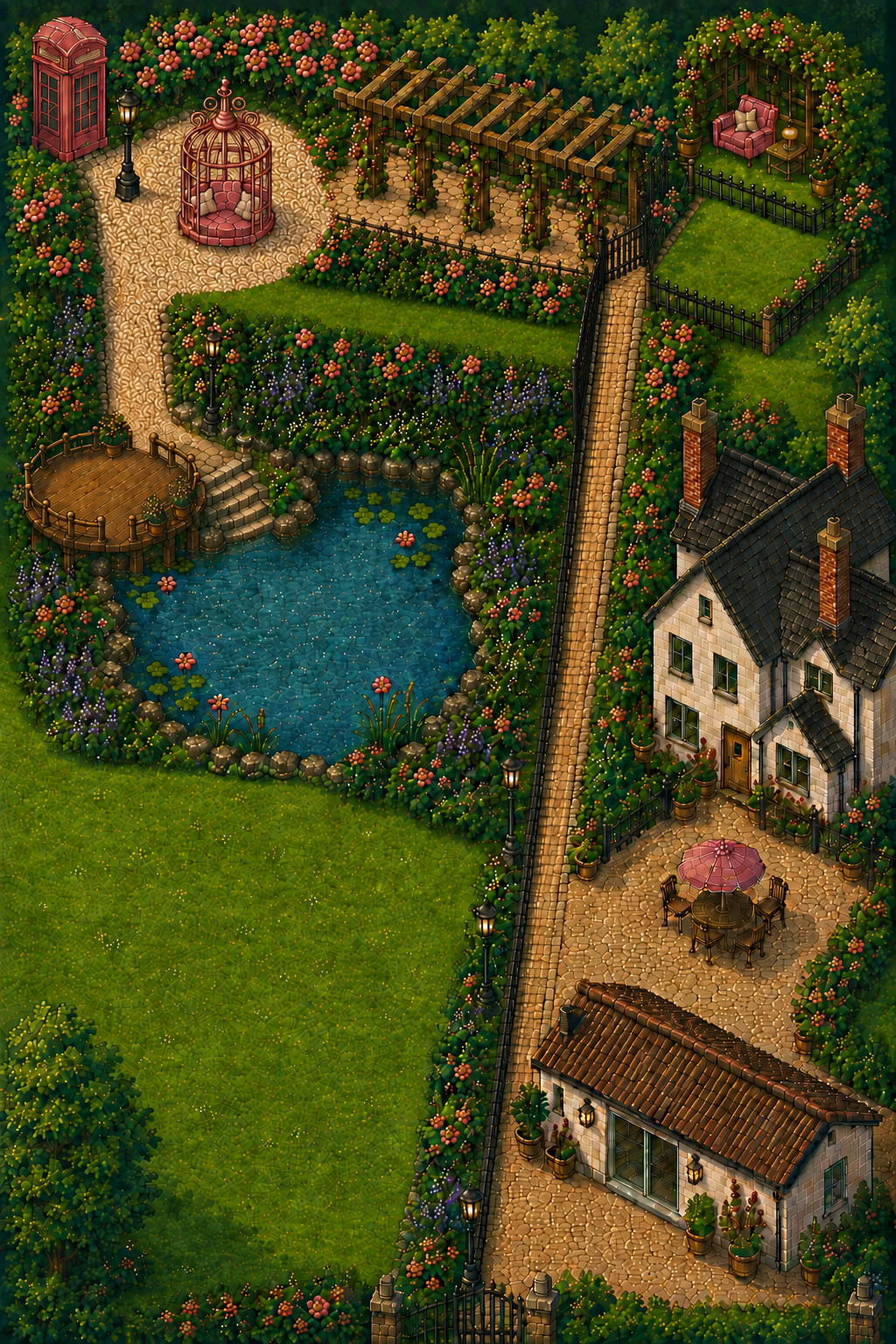 A pixel-art view of More Manor, its garden, pond, studio, reading nook, pink phone box and birdcage swing